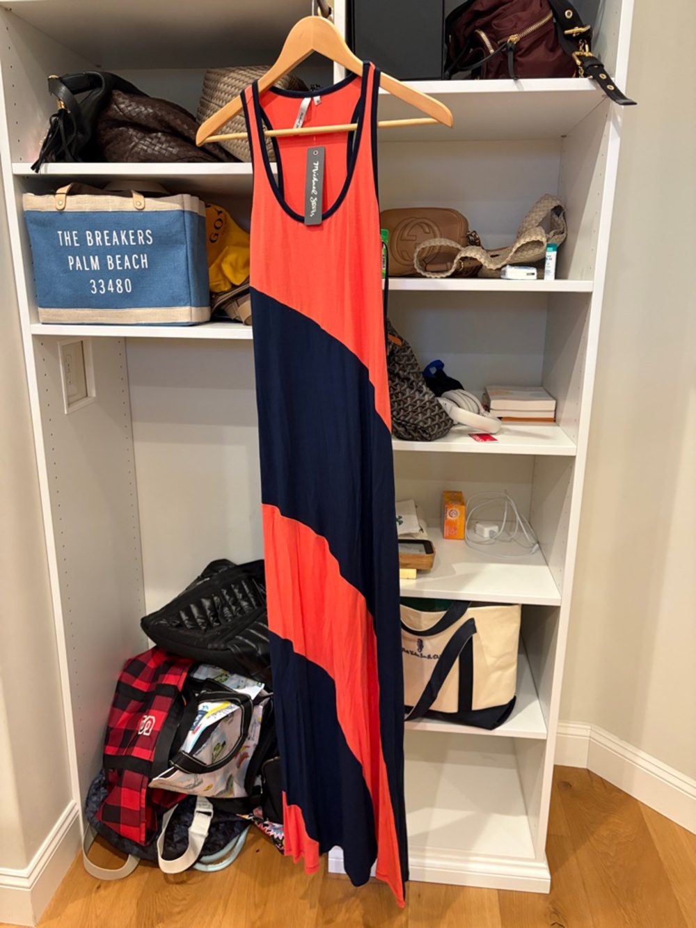 Michael Stars Coral and Navy Diagonal Block Maxi Dress